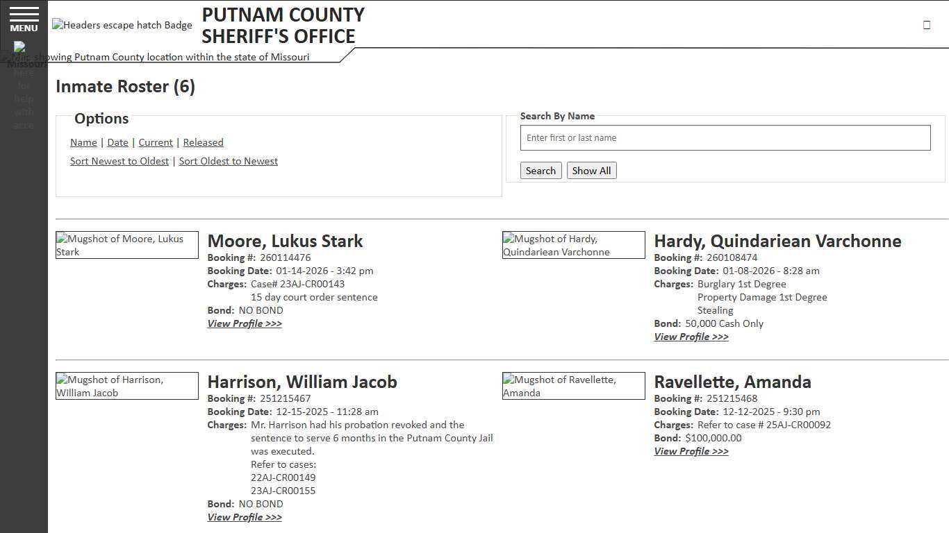 Inmate Roster - Current Inmates Booking Date Descending - Putnam County MO Sheriff's Office